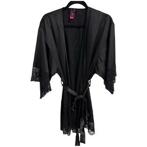 La Senza Black Satin Lace Trim Robe with Belt Size S/M